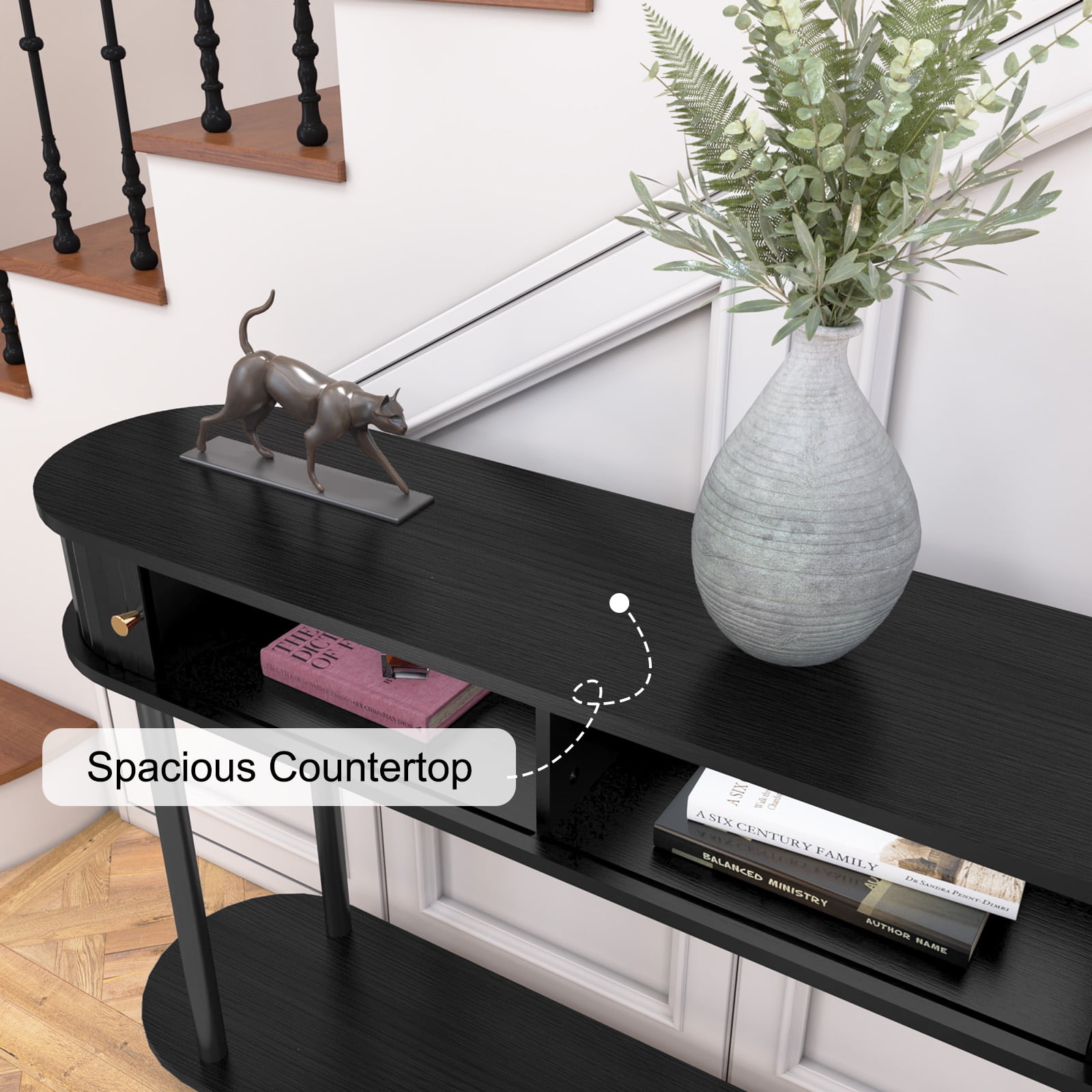 CBJCBJ 47.5" Console Modern Entryway Table with Wood Tambour Door Sofa Console &Storage Shelf for Hallway, Living Room（Black）