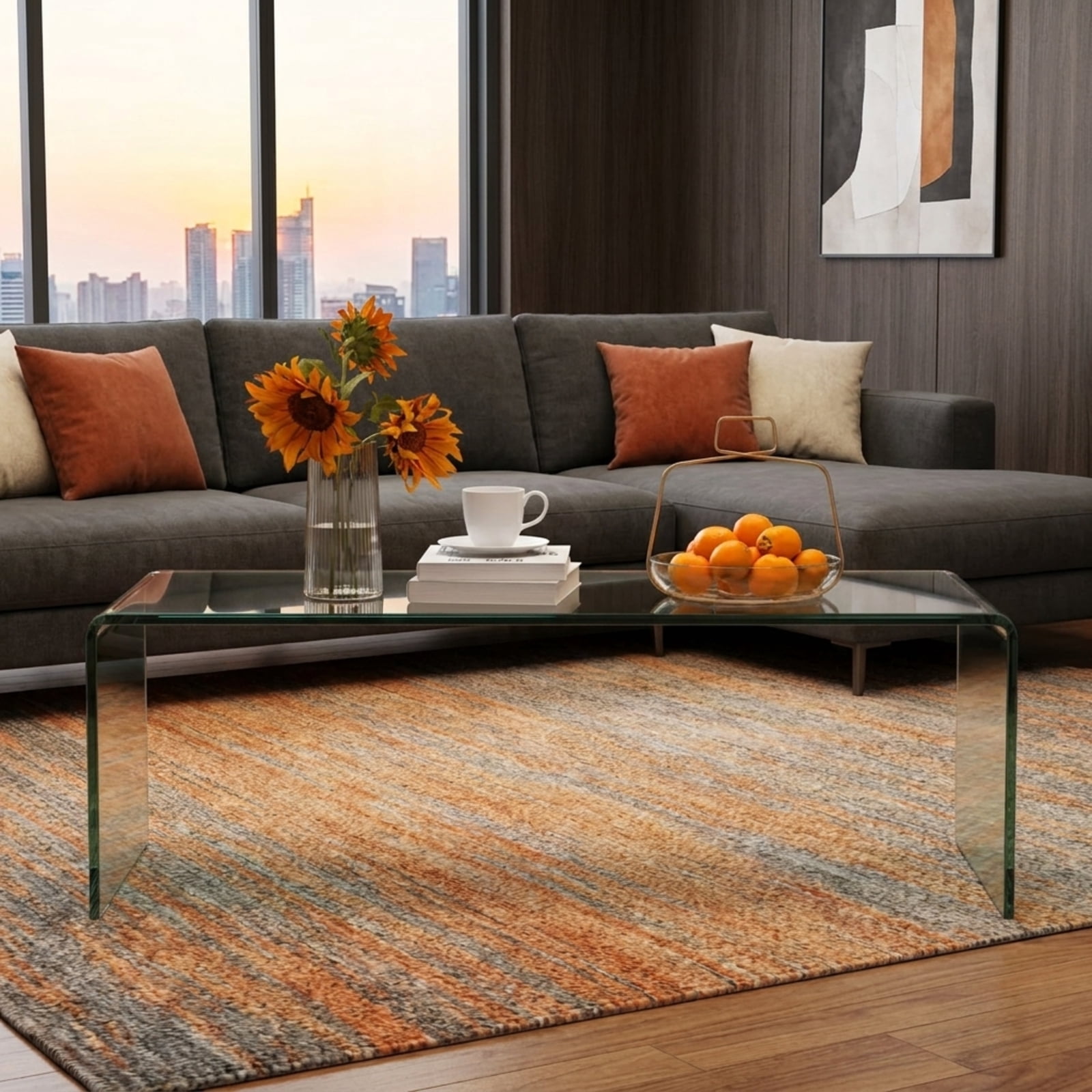 Furnibear Clear Glass Coffee Table, 42.5 Inch Rectangle Tempered Glass Coffee Table with Rounded Edges for Living Room, Transparent