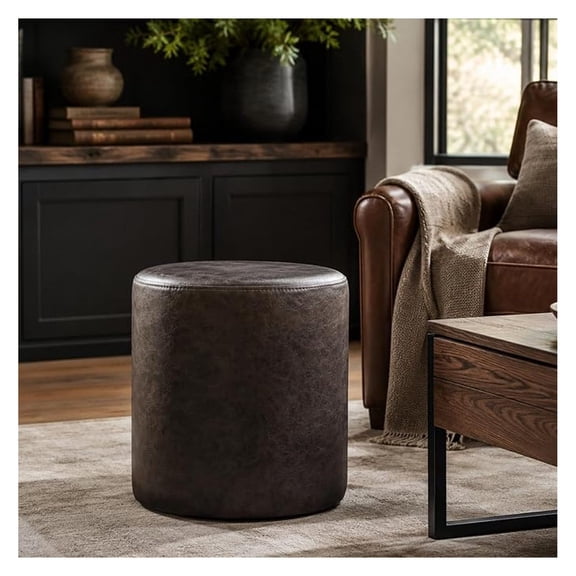 Round Ottoman Stool with Soft Padded Seat | Faux Leather Upholstered Vanity Stool for Living Room Bedroom desk Makeup Charcoal Brown