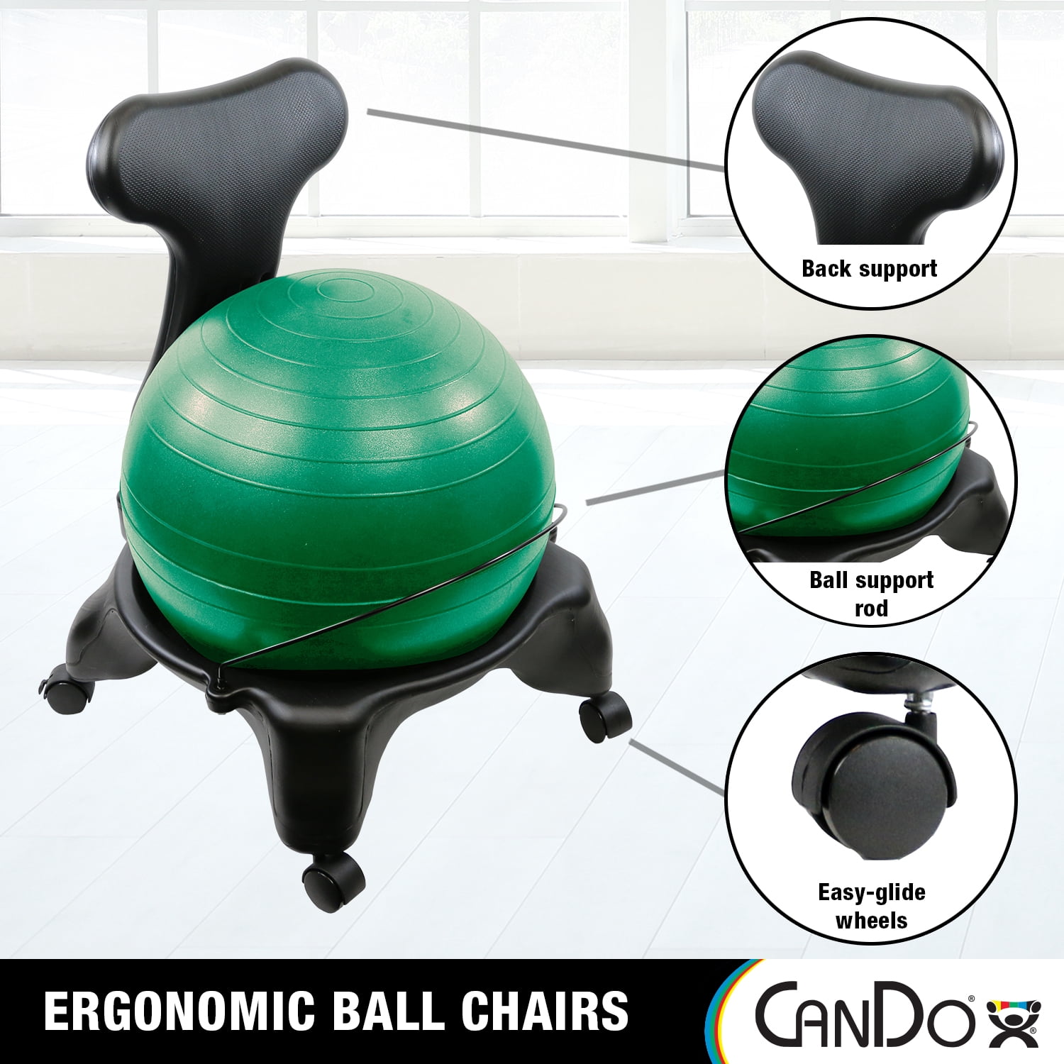 CanDo® Ball Chair - Plastic - Mobile - with Back - Adult Size - with Green Ball