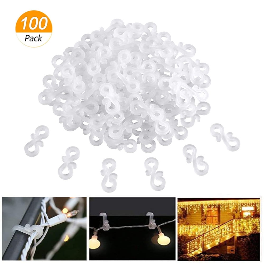 A 100 Pcs Mini Plastic Gutter Hanging Hooks Outdoor Christmas Lights Hooks Clips S Clip Hooks for Christmas Party Birthday Wedding Decoration