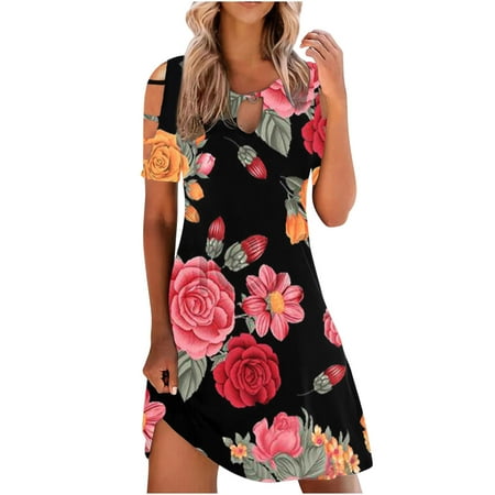 

Wedding Guest Dresses for Women Valentines Dress for Women Women Casual Slimming Draw Back Printed Short Sleeves Cold Shoulder Dress Summer Dresses Girls Dresses Savings Deals Black S