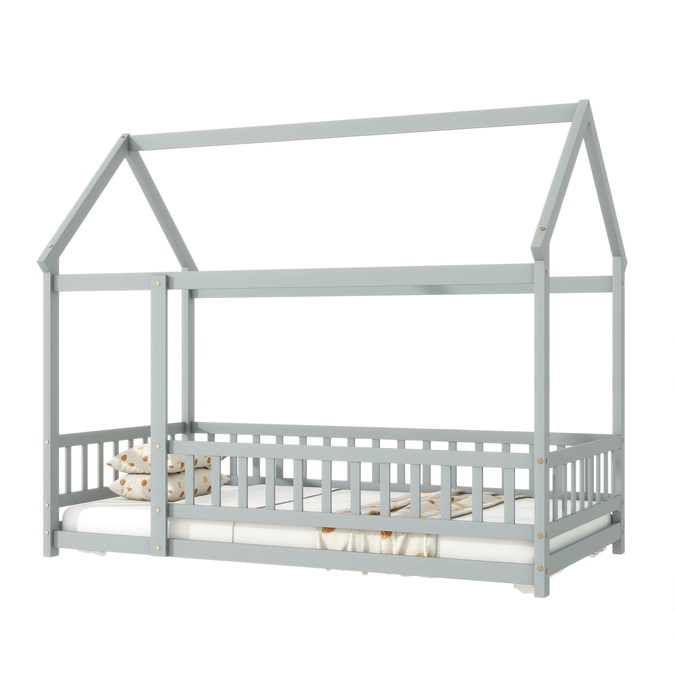 Noble House Gaiety Twin Size House Floor Bed for Kids, Rubber Wood Frame with Roof and Fence Guardrails, Grey