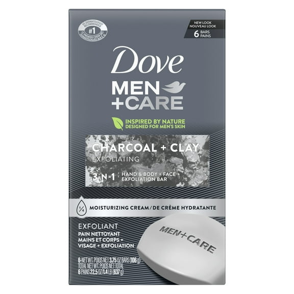 Dove Men Care Elements Body and Face Bar Charcoal Clay 3.75 oz, 6 Bar