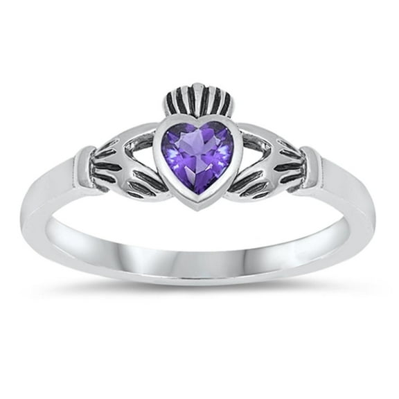 CHOOSE YOUR COLOR Sterling Silver Claddagh Ring Simulated Amethyst Traditional Irish Knot Band Purple CZ Female Size 4