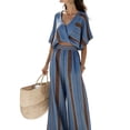 thumbnail image 2 of Mifsaly Vacation Outfits for Women 2 Piece Set Striped Short Sleeve V Neck Wrap Crop Top and Flowy Wide Leg Pants Loose Casual Boho Beach Clothes with Pockets Blue,S, 2 of 7