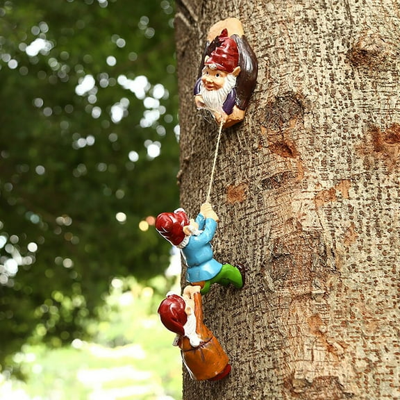 Three Dwarfs Climbing Rope Figurine, Garden Gnomes Statue, Gnomes Sculpture Elf Tree Peeker Outdoor for Garden Ornaments, Yard Tree Faces Decor