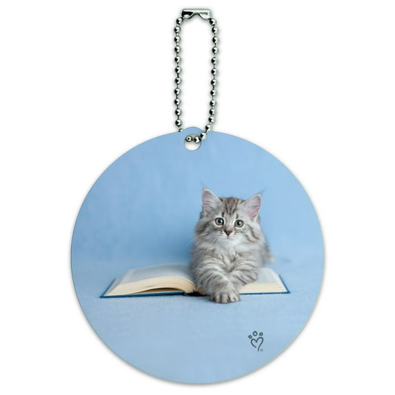 Siberian Tabby Kitten Cat Sitting Reading Book Round Luggage ID Tag Card Suitcase Carry-On