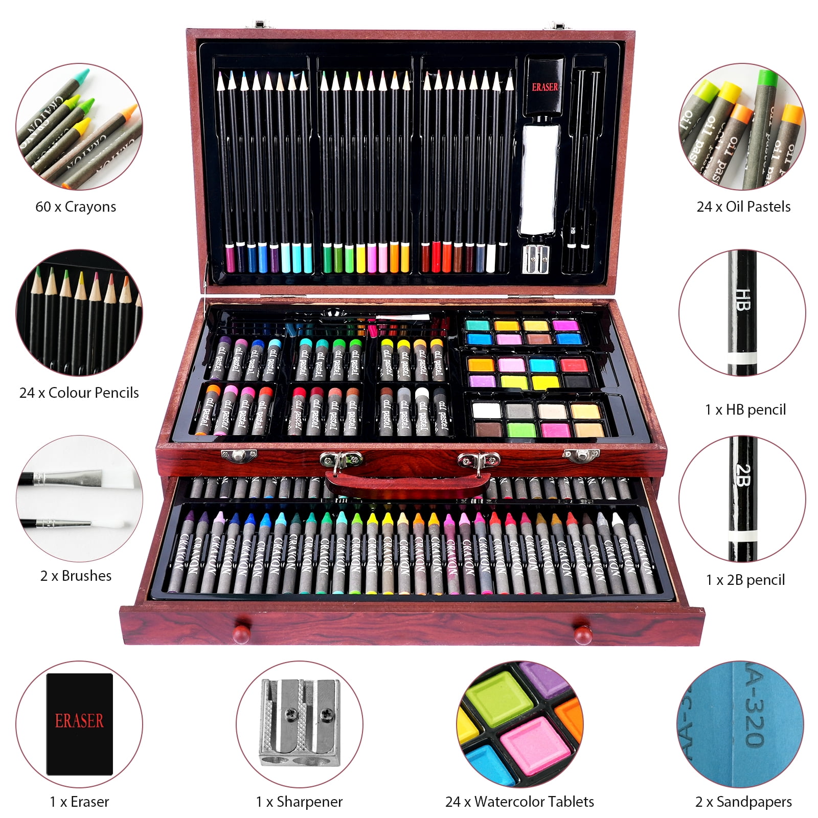 AUREUO 140PCS Art Supplies, Wood Box Painting Kit with Watercolor, Oil Pastels, Colored Pencils, Crayons for Adults Teens Kids