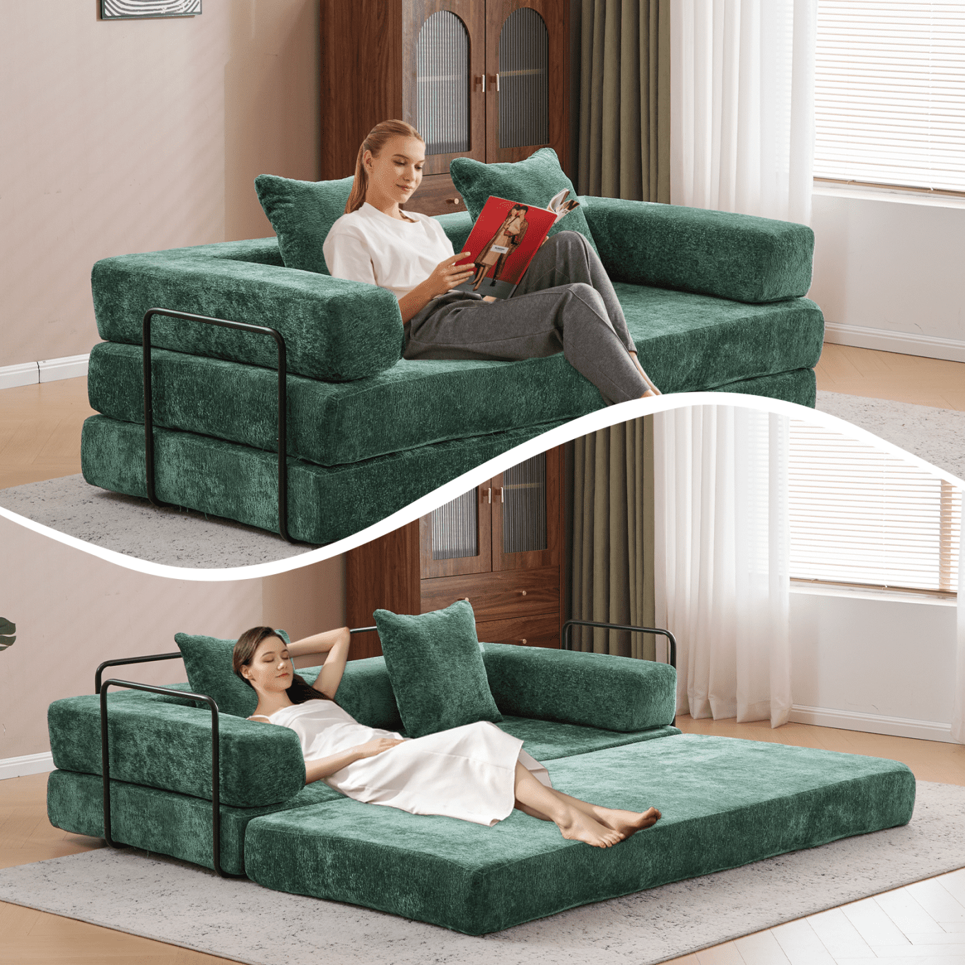 Jopath 76 Inch Convertible Sleeper Sofa Bed,Folding Floor Mattress Couch with Fixed-Shape Frame,Futon Boneless Couch Lounge Loveseat with Pull Out Bed, No Assembly Required,Dark Green+Chenille