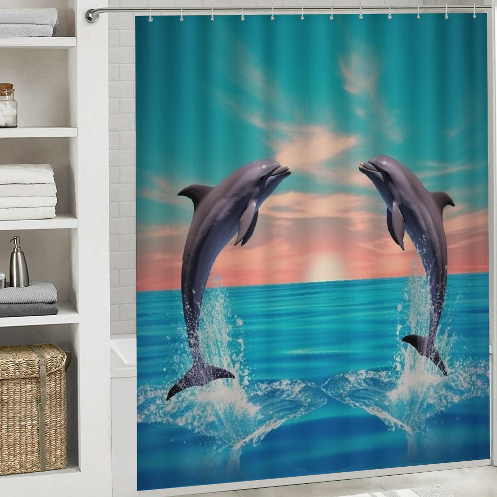Pratyus Dolphins Water Sky Vaporwave Shower Curtain Set with Hooks, Waterproof Polyester Bathroom Decor, Various Sizes 69"x72