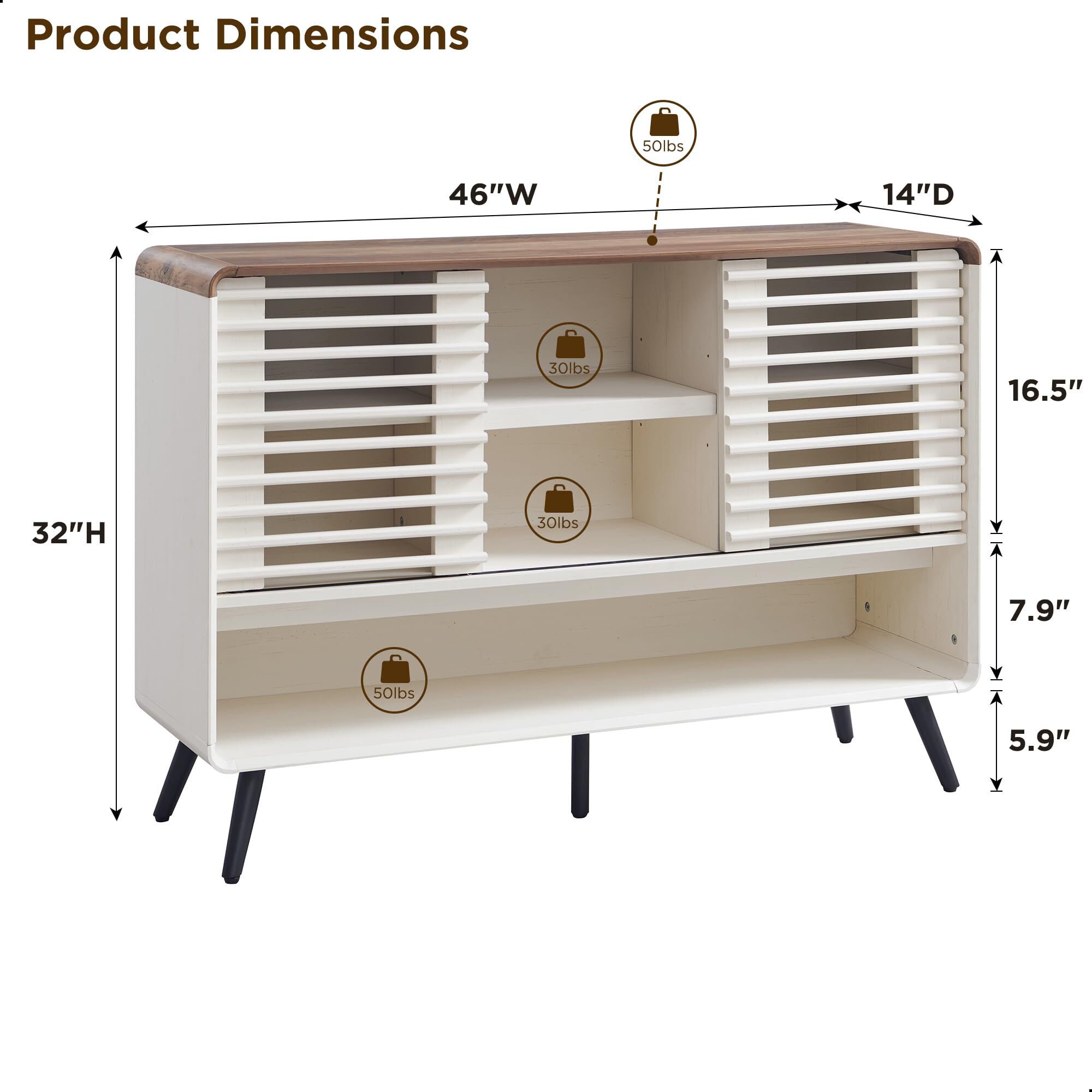 OKD 46" Entryway Table with Sliding Slatted Door, Mid Century Modern Wood Console Table Adjustable & Open Storage Shelf, Console Table for Hallway, Foyer, Living Room, Antique White