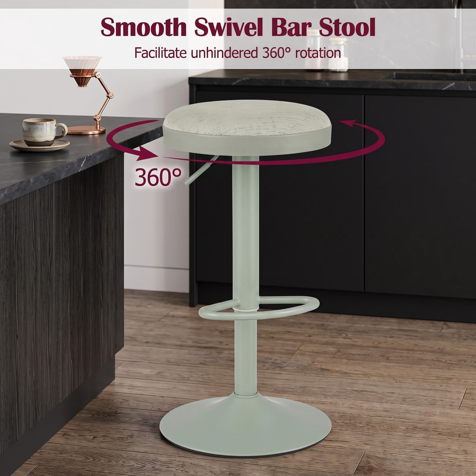 Furnibear Set of 2 Swivel Bar Stools, Height Adjustable Counter Stools with Cushioned Fabric Seat, D-Shaped Footrest and Rubber-Ring Base for Kitchen Island, Green