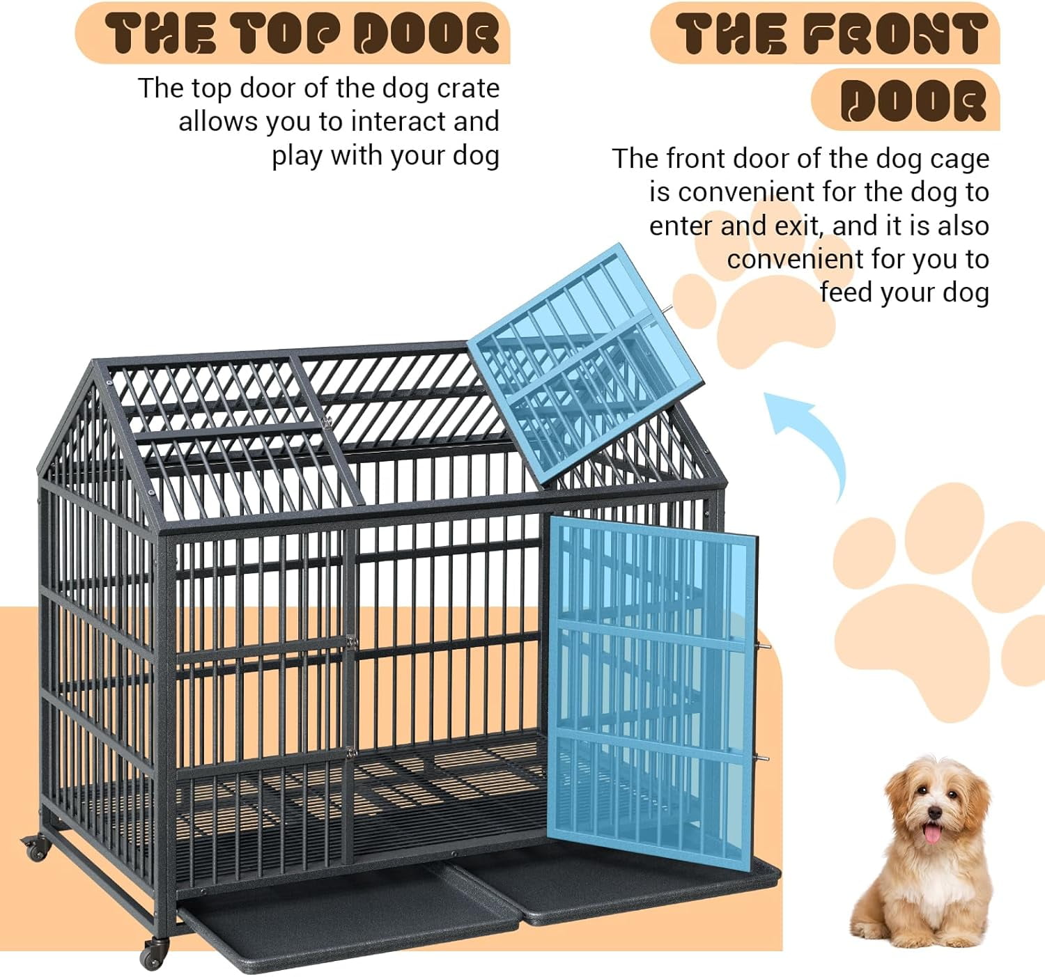 Acekid Heavy Duty Dog Crate - 52-Inch Escape-Proof Metal Kennel, Indoor/Outdoor Furniture Style Pointed Top Sliding Rail Cage for Large/Medium Dogs