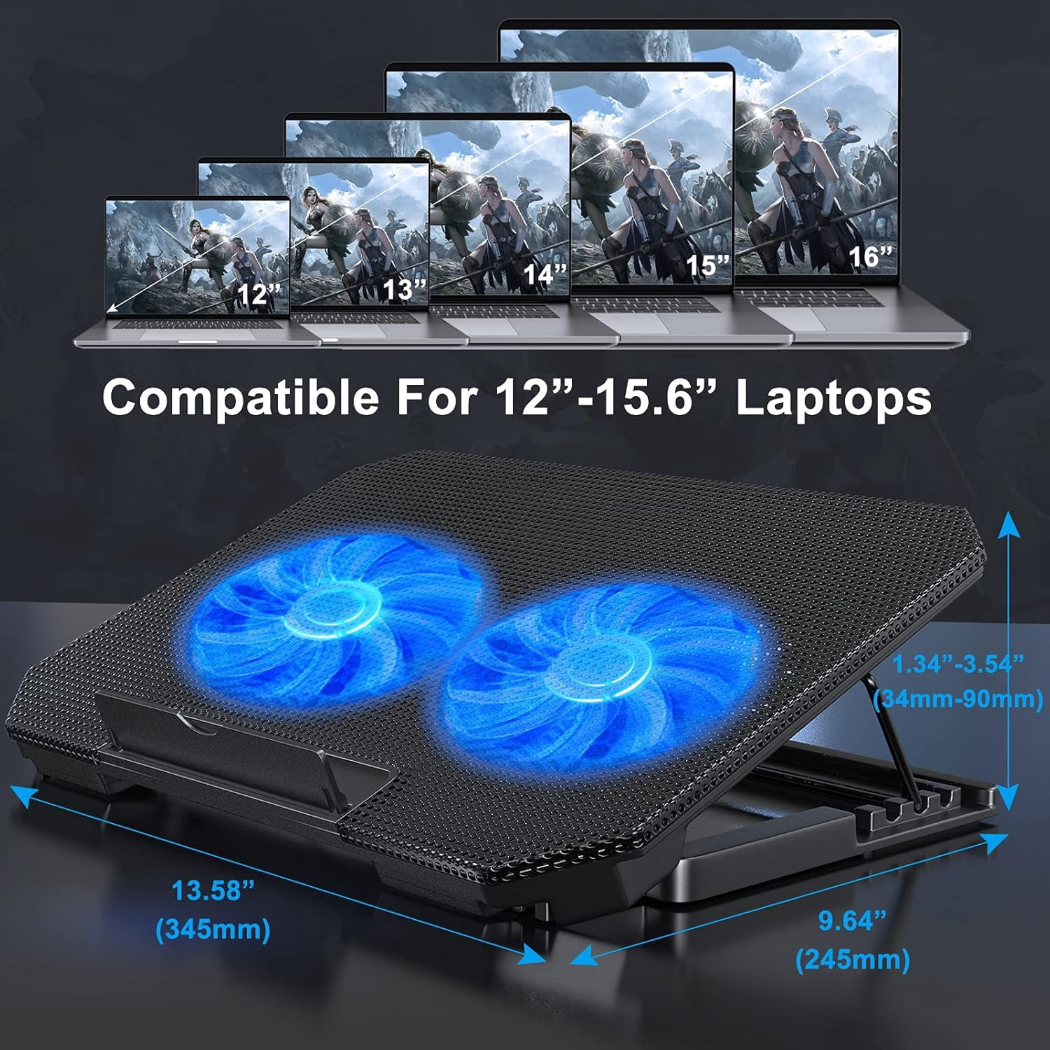 Laptop Cooling Pad with Adjustable Height Two 5.1 Inches Fan 2 USB Ports Suitable for 12"-15.6" Laptops