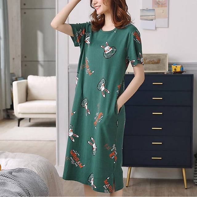 Pyjamas Imprimés à Manches Courtes pour Femmes Robe Midi Robe de Nuit Ample