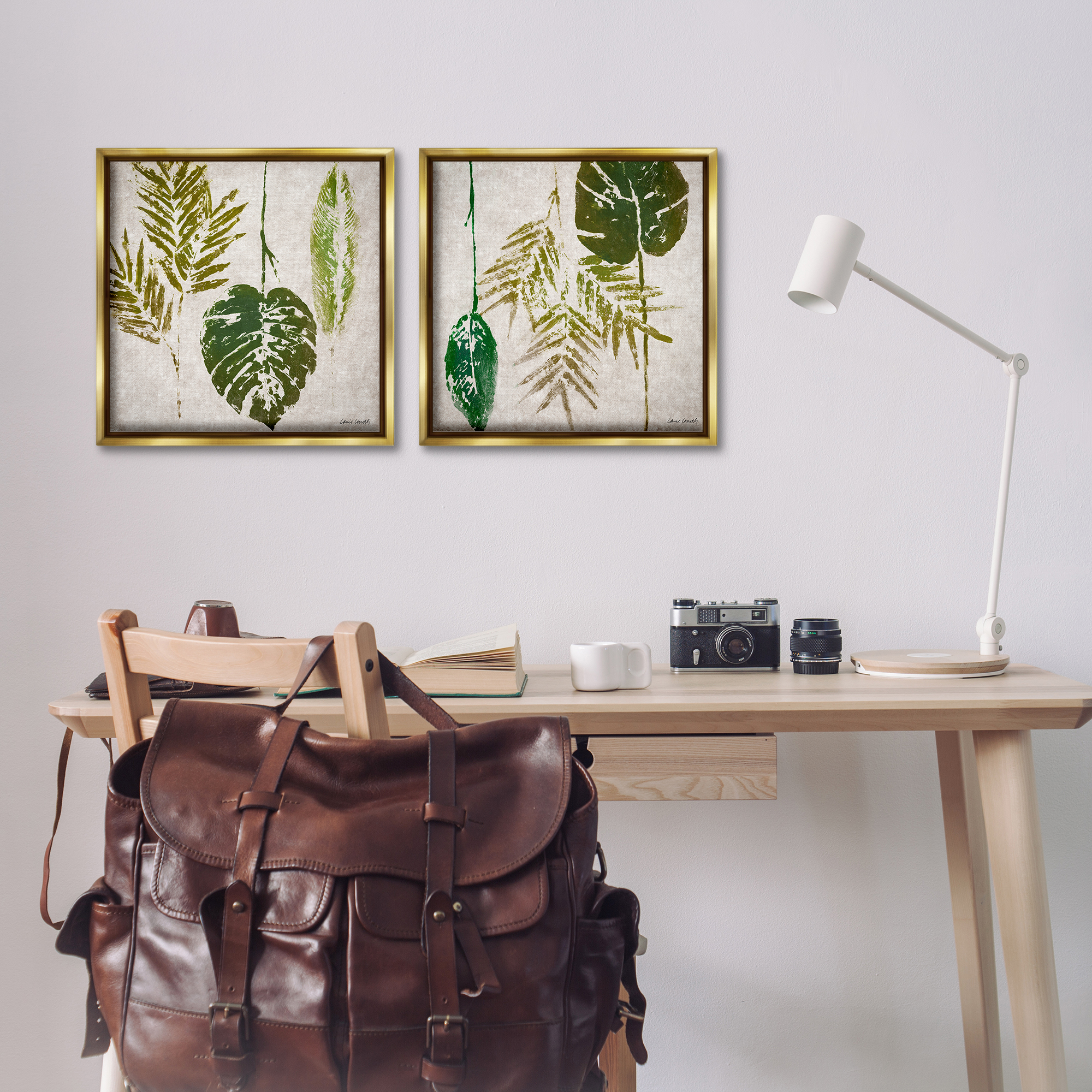 Stupell Industries Monstera Stamped Palm Leaves Plants & Flowers Painting Gold Floater Framed Canvas Art Print Wall Art, 18 x 18, Set of 2