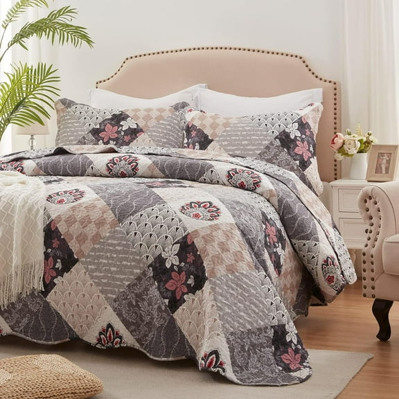 King Size Quilt Set 3 Pieces Lightweight Reversible Bedspread-98''x106'' Soft Patchwork Floral Coverlet Luxurious Warm Microfiber Bed Cover All Seasons Gray Bedding Set(1 Quilt,2 Pillow Shams)