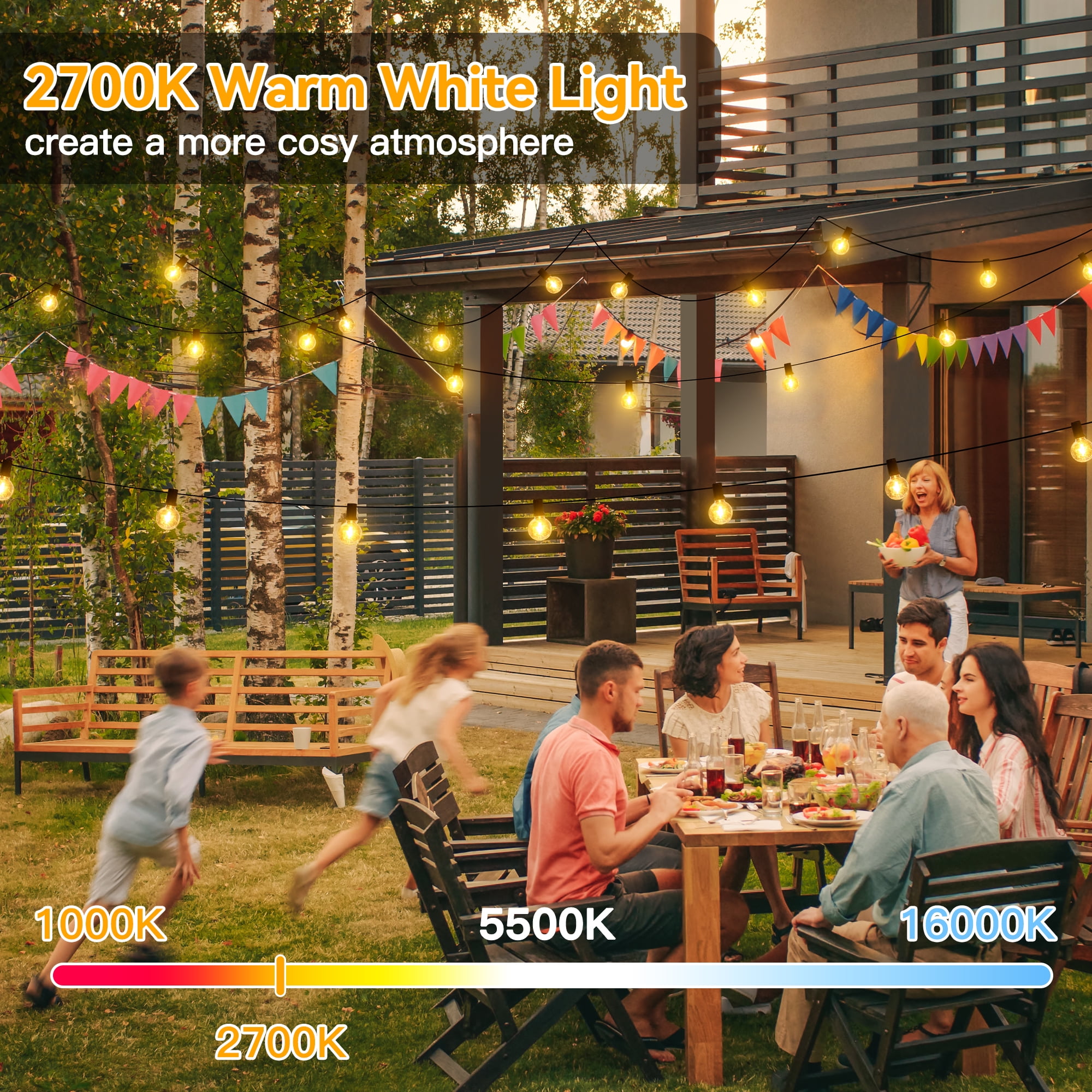 Ollny 50FT LED String Lights Outdoor, Waterproof Patio LED Lights with 27 G40 Edison Bulbs, Warm-white Outside Lights for Garden Bistro Backyard