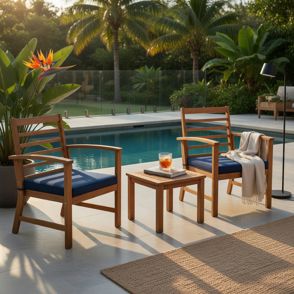 Hommoo 3-Piece Acacia Wood Outdoor Patio Furniture Set with Cushions, Durable Backyard Seating for Poolside, Porch, or Deck, Navy