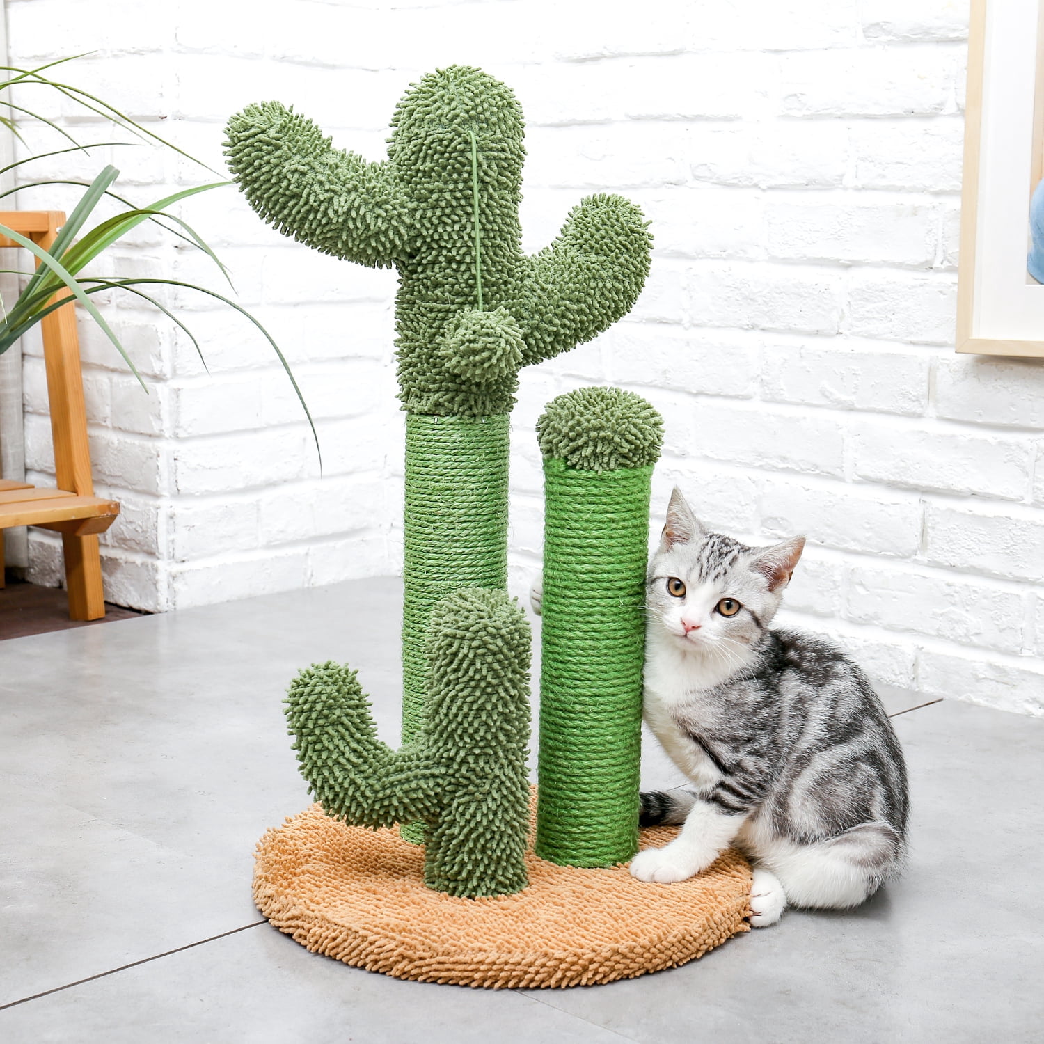 Pefilos 20" Cat Scratching Post for Adult Cats Cactus Cat Scratcher for Large Cats Featuring with 3 Scratching Poles and Interactive Dangling Ball Cat Tree for Indoor Cats, M