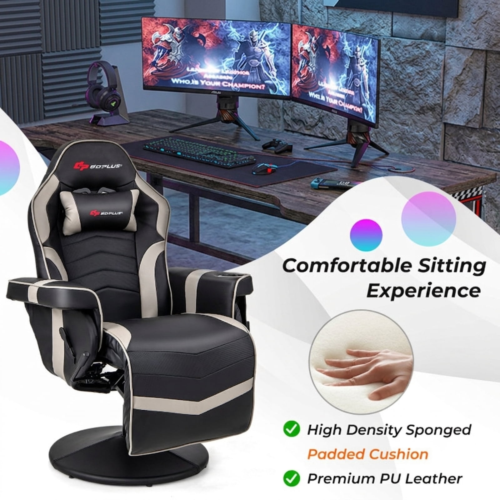 Furnibear Massage Video Gaming Recliner Chair with Adjustable Height Reclining Backrest Removable Headrest and Cup Holder for Gaming and Office, Gray