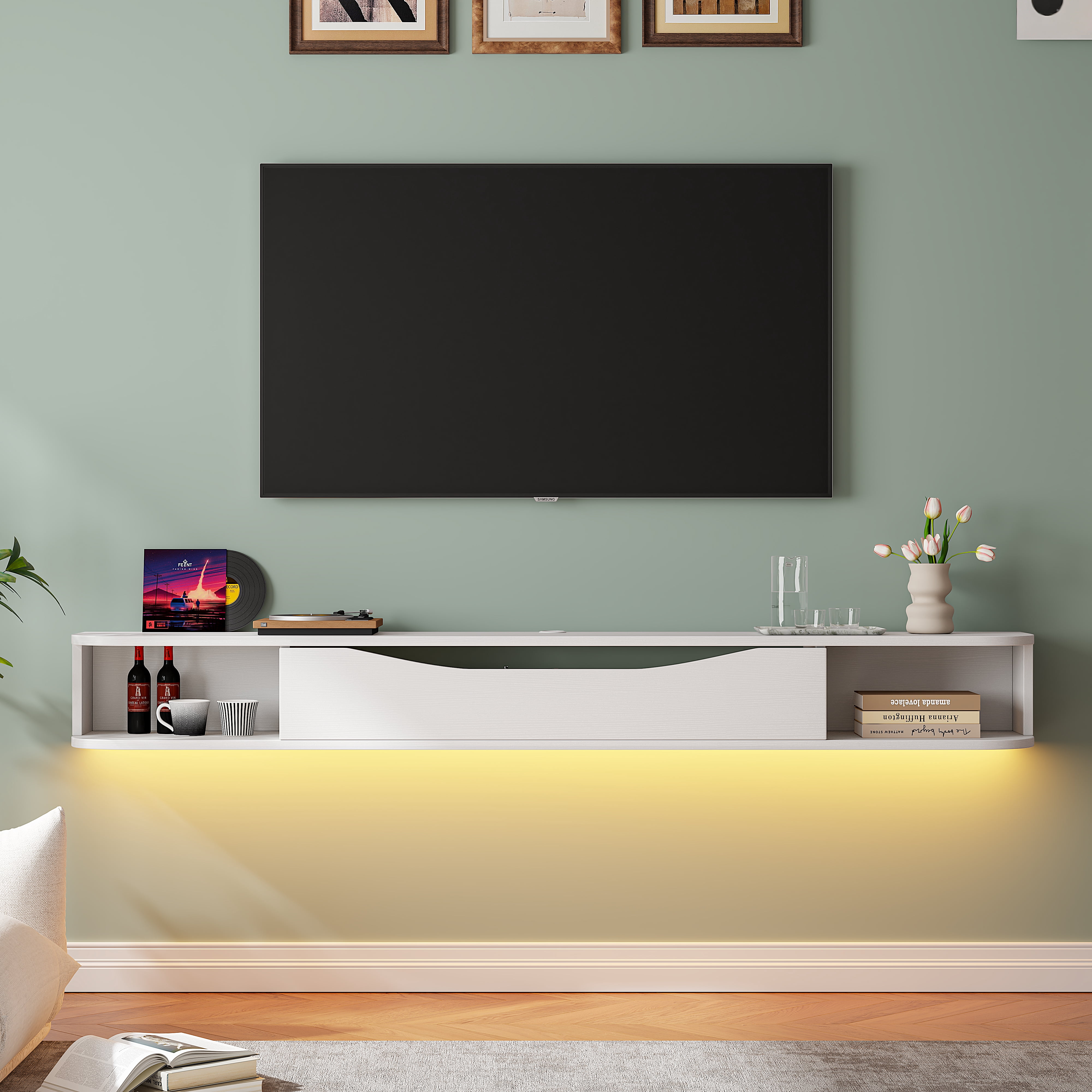 FloatiCasa 55" Floating TV Stand Wall Mounted TV Console for TVs up to 60" Entertainment Center Floating TV Shelf(White)