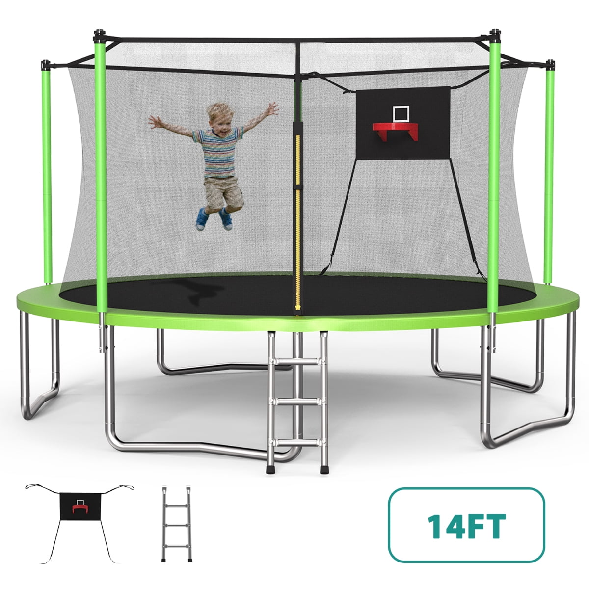 14FT Trampoline with Enclosure Net – Outdoor Indoor Recreational Fitness Trampoline for Sports, Green