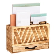 Mind Reader Natural Wood Desktop Mail Organizer with Drawer, 3-Tier Letter Holder with Label Slots, Office Desk Paper Sorter, Brown