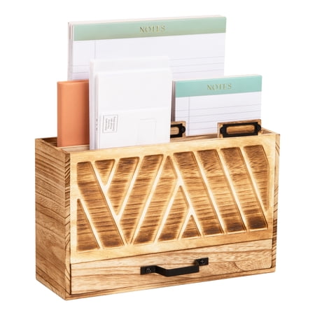 Mind Reader Natural Wood Desktop Mail Organizer with Drawer, 3-Tier Letter Holder with Label Slots, Office Desk Paper Sorter, Brown