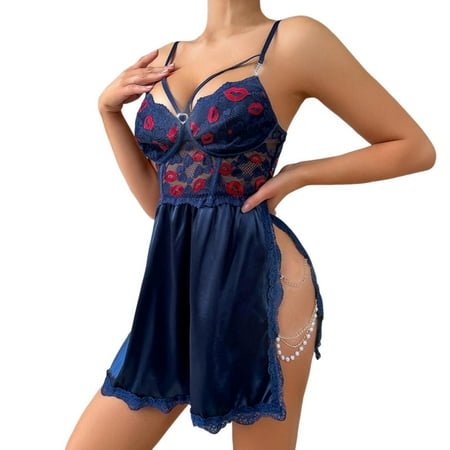 Gunia Womens Lingerie Heart Shaped Lace Lip Embroidered Hollow Satin Dress Chain Side Slit Robe Underwear Nightwear for Honeymoon Wedding Night