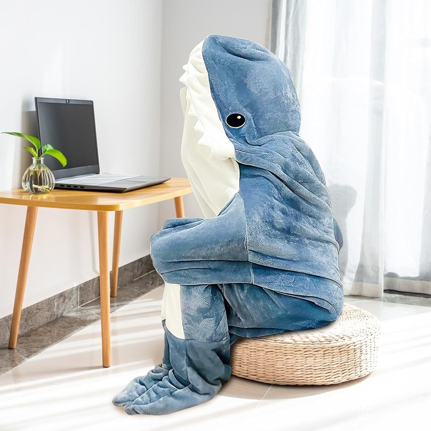Shark Blanket Hoodie Onesie, Blue Wearable Sleeping Bag for Adults, Soft Cozy Costume, L