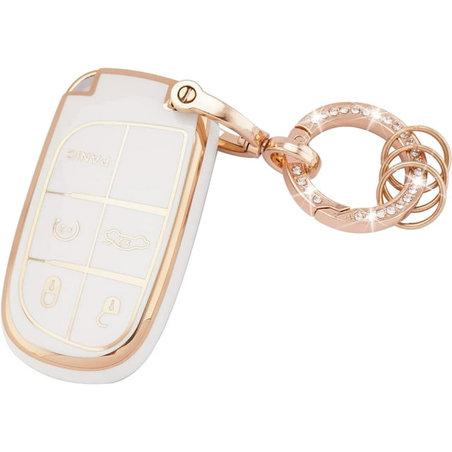 HAHDAXIA for Jeep Key Fob Cover Soft TPU Full Protection Smart Key Case Shell with Bling Keychain Fit for Jeep Grand Cherokee Compass Renegade Dodge Chrysler 5 Buttons Smart Key Case Holder (