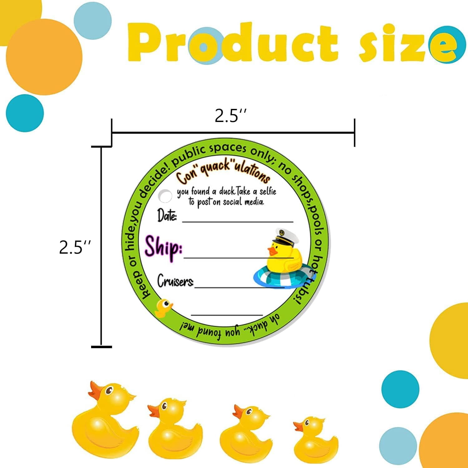 Duck Tags, Cruising Rubber Duck Ducking Game Cards, Cruise Tag, 2.5inches 50 Pack Circle Cruise Tag with Hole and 50 Rubber Bands(4 Color)