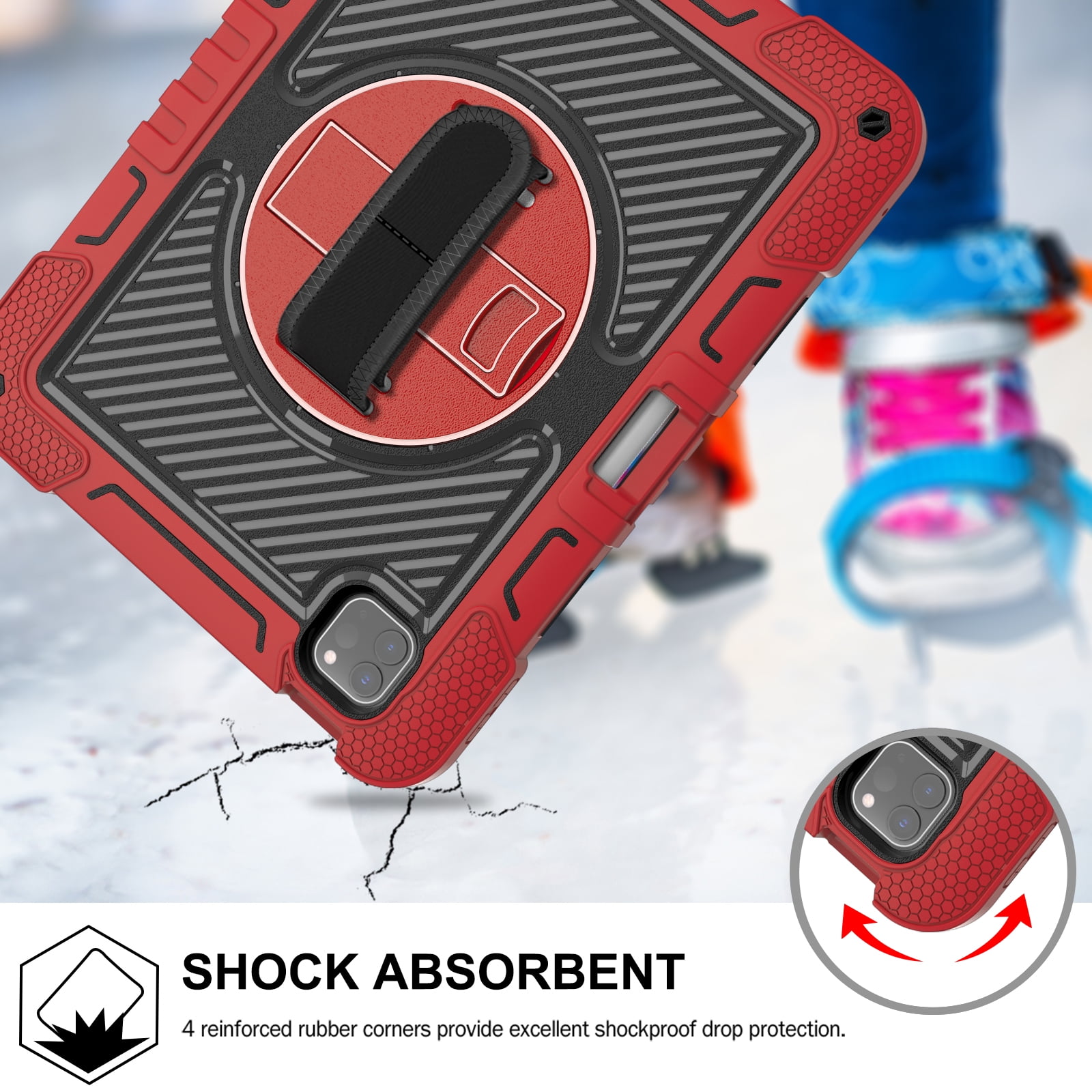 ELEHOLD 3-Layer Shockproof Case For iPad 8th/7th Generation, Rugged Cover with 360° Rotating Kickstand, Wrist Strap, Detachable Shoulder Strap, Pencil Holder, Red+Black