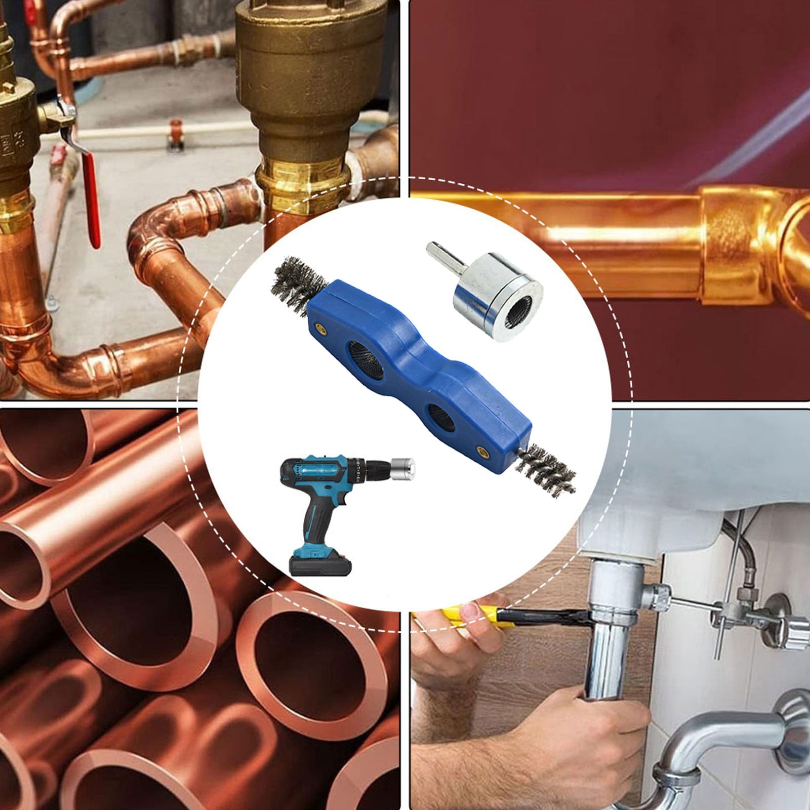 Copper Pipe Cleaner With 4In1 Battery Brush Dual Head For Drill 15+22Mm Plumbing Cleaning Metal Tube Battery Brush Accessories 22Mm Fangkenuo