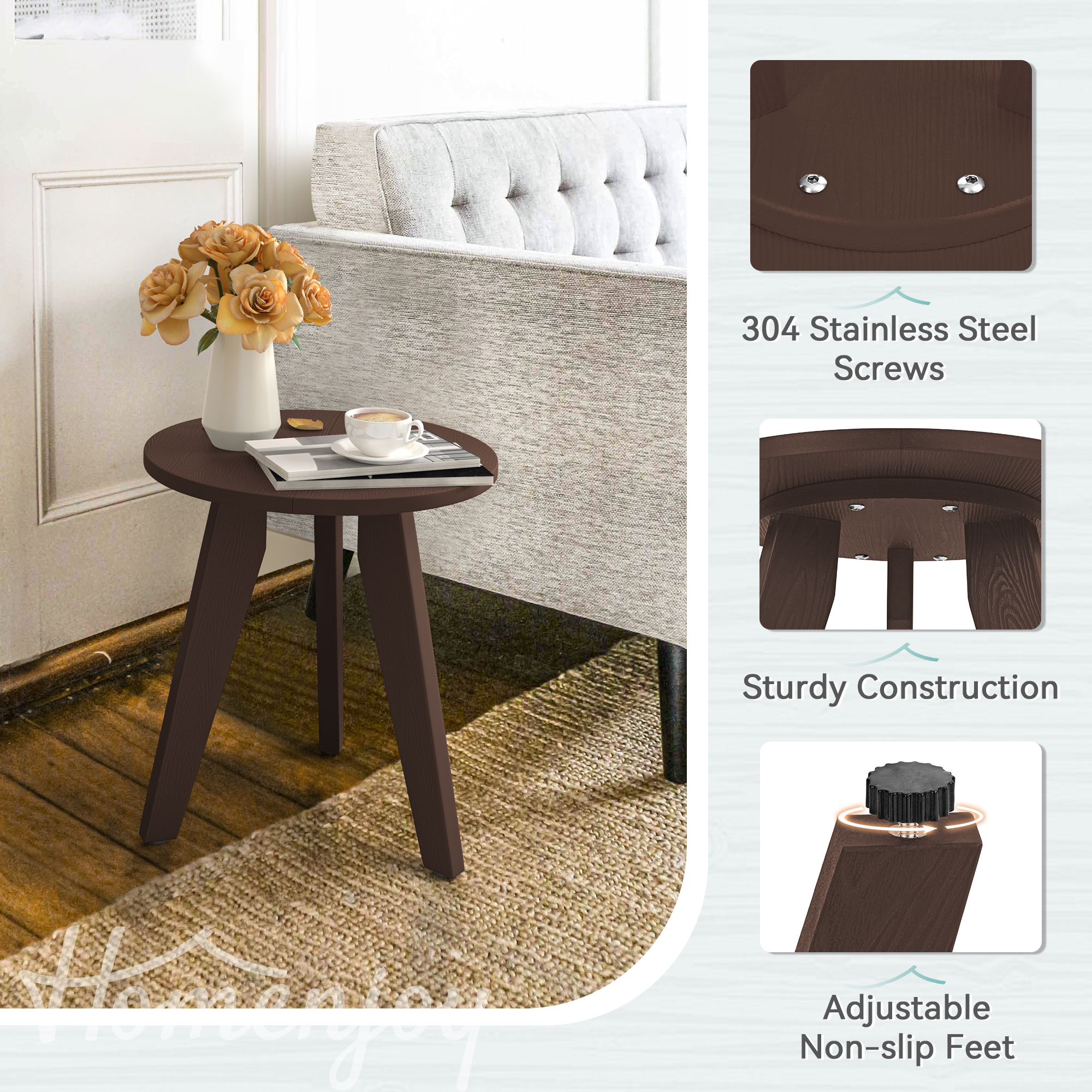 Dycanpo Outdoor Side Table for Patio, Small Round End Table Weather-Resistant for Living Room, Bedroom, Dark Brown