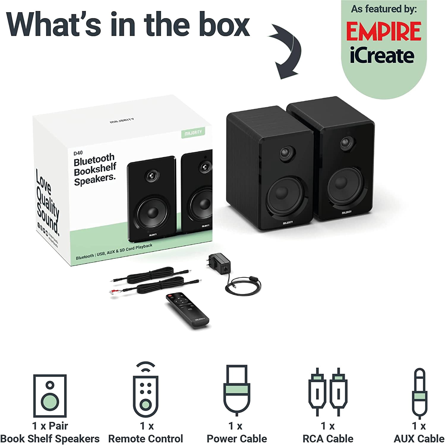Majority D40 Active Bookshelf Speakers, Bluetooth & RCA, Powered HiFi Stereo Sound
