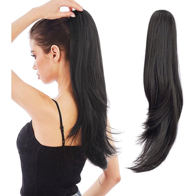 ORUYROP Queue de Cheval, Queue de Cheval Noire Extension de Cheveux Griffes 22 Pouces Longue Postiches Synthétiques Ondulés Lisses Pince Queue de Cheval Perruque Queue de Cheval Quotidienne Duveteuse pour Femmes, 4,8 OZ, Bla Naturel
