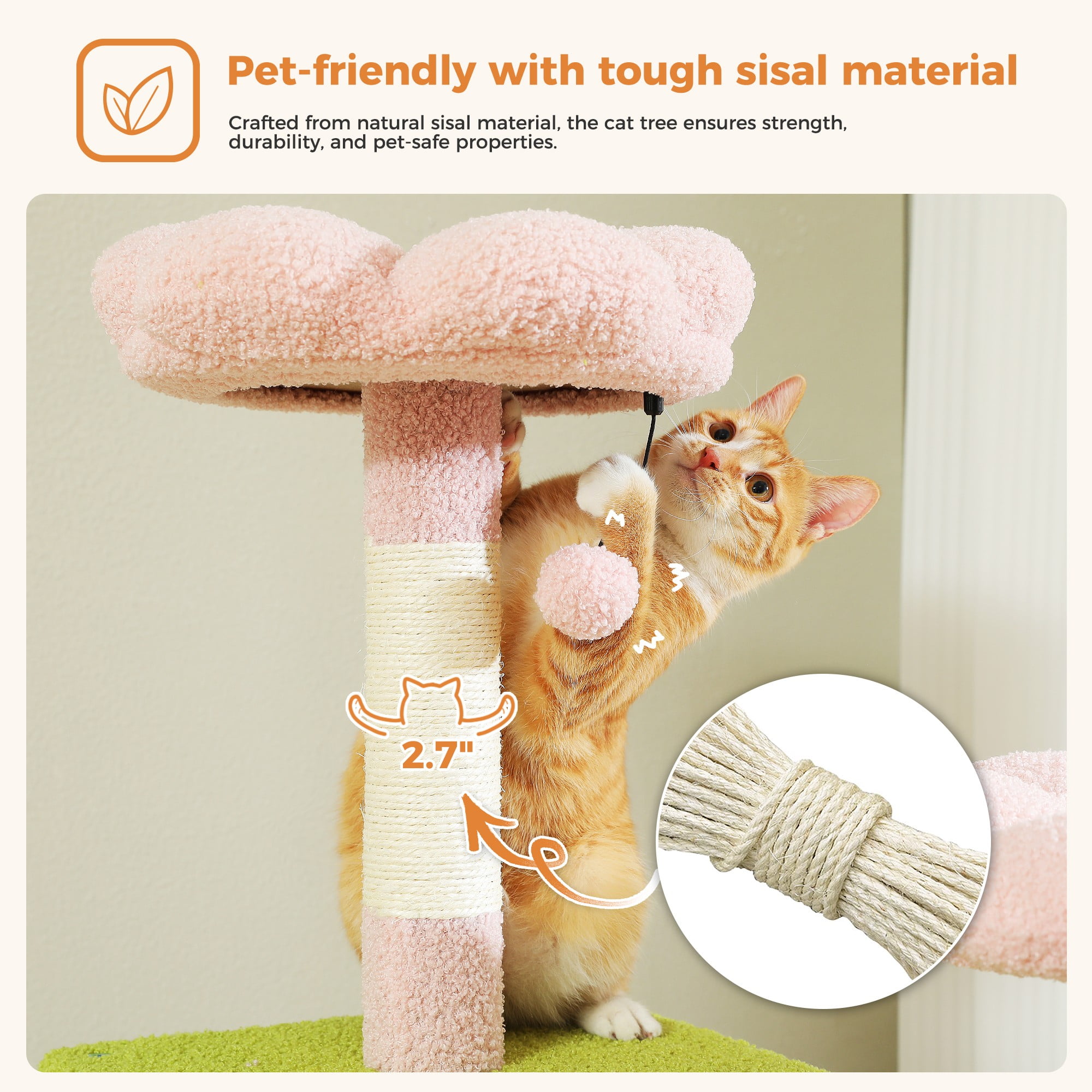Kadyn 70" Large Cat Tree for Indoor Cats, Multi-Level Cat Tower Cat Scratching Post with 2 Perches, 2 Condos, Hammock and 2 Pompoms, Pink