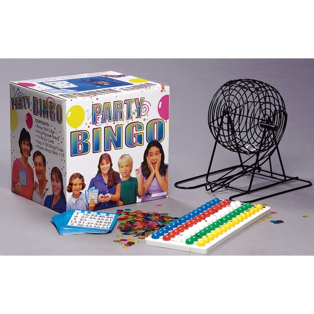 Party Bingo 12" x 12" Classic Bingo Game Kit, Metal Cage with 18 Reusable Cards and 300 Marker Chips