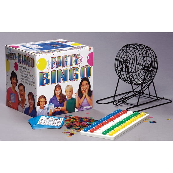 Bingo de Fête 12 Pouces x 12 Pouces Kit de Jeu de Bingo Classique, Cage en Métal avec 18 Cartes Réutilisables et 300 Jetons Marqueurs
