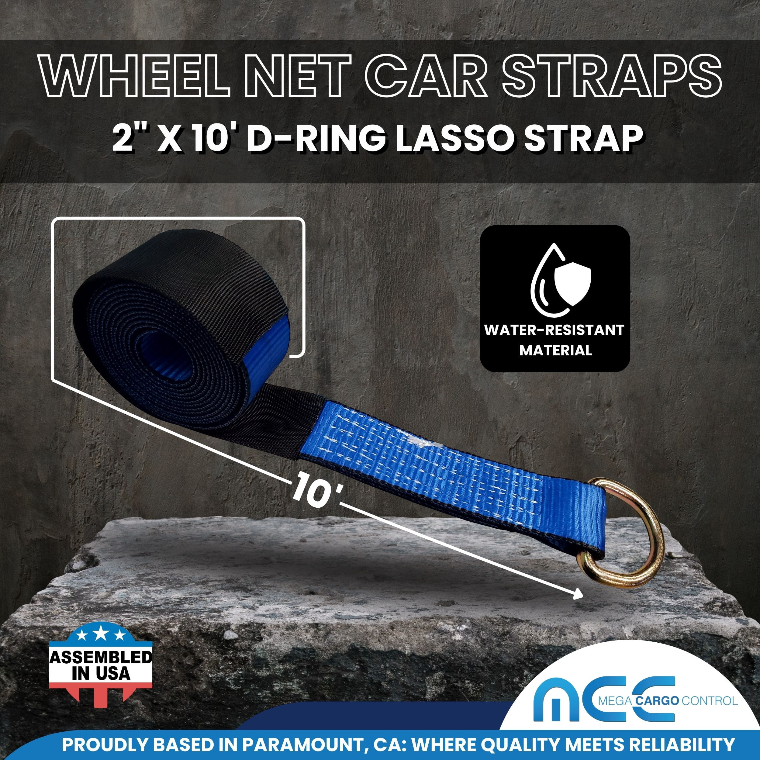 Mega Cargo Control USA 4 Pack 2" x 10' Side Mount Wheel Net Tie Down w/ Ratchet Lasso Strap Flat Hook WLL: 3333 lbs Blue