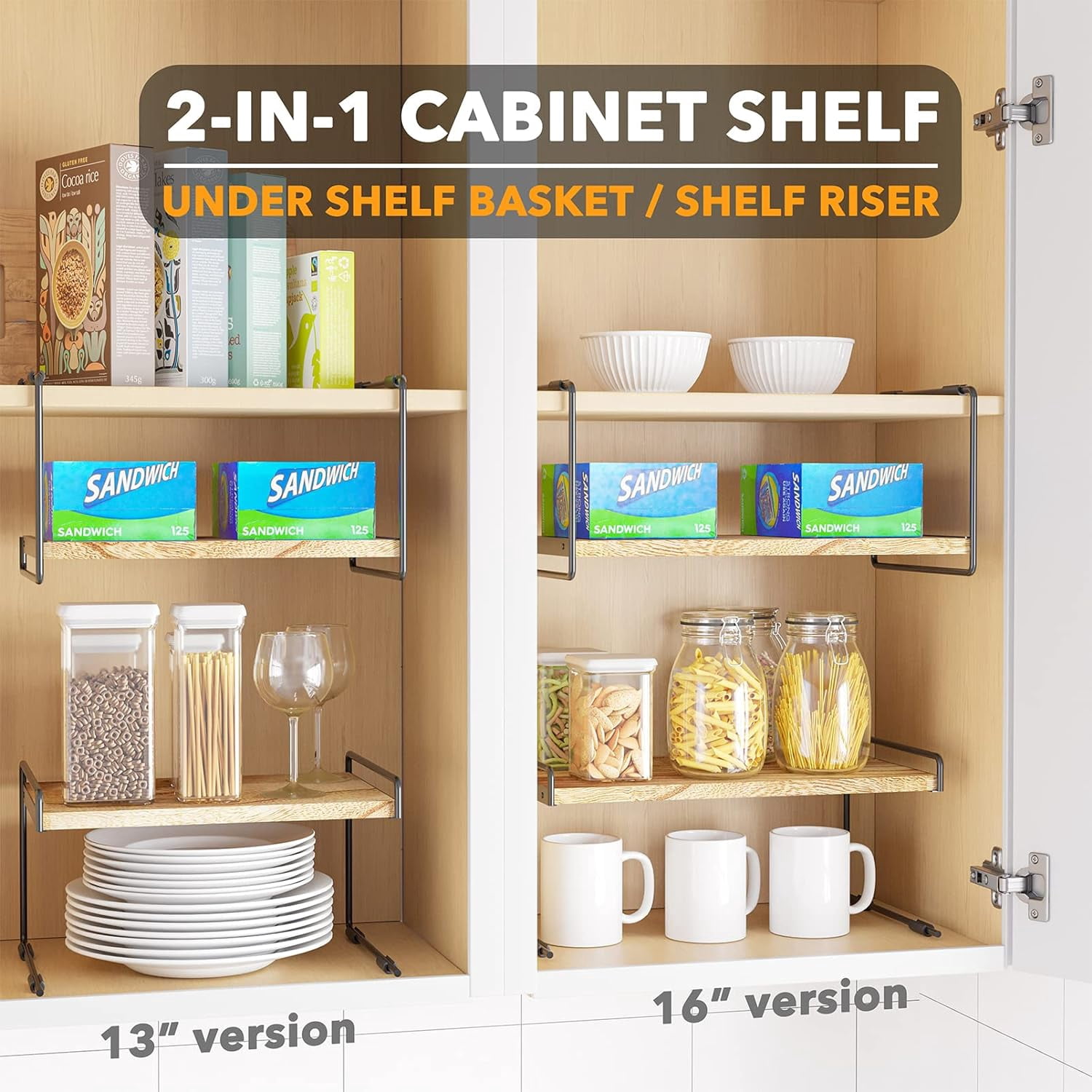 SpaceAid 2 Pack Cabinet Shelf Organizers, Kitchen Counter Organizer Rack Under Shelves Riser, 16" Wide