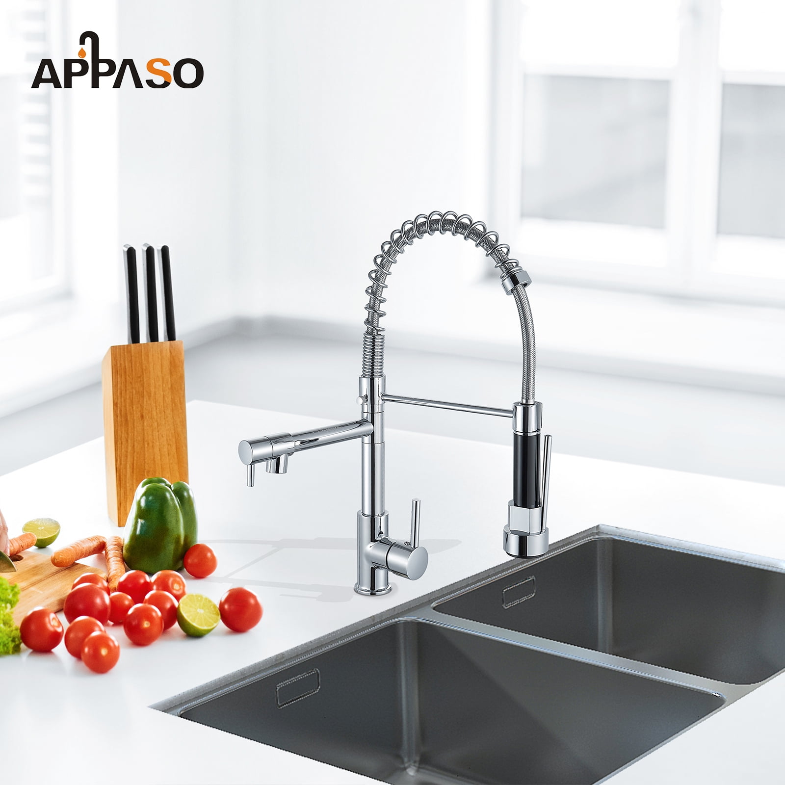 APPASO Kitchen Faucets with  Dual Spout, High Arch Spring Stainless Steel Single Handle Kitchen Faucet, kitchen faucet with two water outlet, Chrome, ‎Bar, Rv