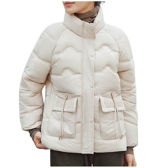 CHUMUD Women's Winter Puffer Jacket Warm Cotton Padded Coat Snap Zip Up Stand-up Collar Down Outerwear with Pockets
