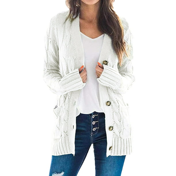 Selfieee Women's Button Down Long Sleeve V Neck Cotton Cable Knit Cropped  Cardigan Sweater Coat 20352 White Medium