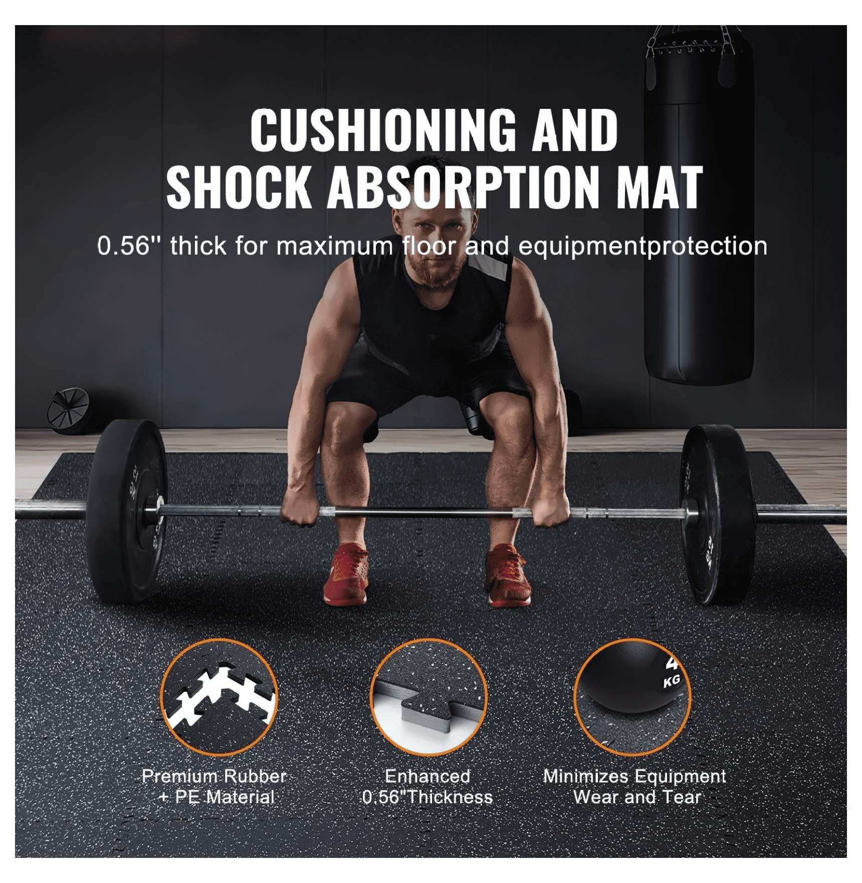 0.56" Thick Gym Floor Mats, 25 Tiles Rubber Top with EVA Foam