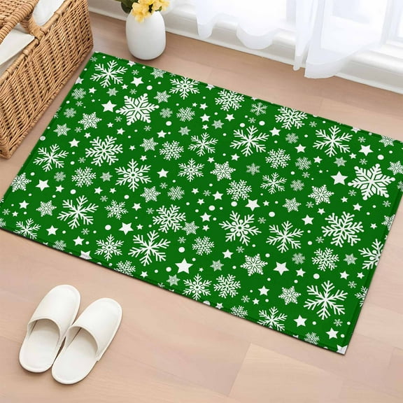 Christmas Snowflakes Bathroom Rug Washable 2x3 Entryway Rug Non Slip Xmas Winter Watercolor Green Front Door Mat Low Pile Indoor Doormat Throw Floor Carpet for Kitchen Bedroom Entrance