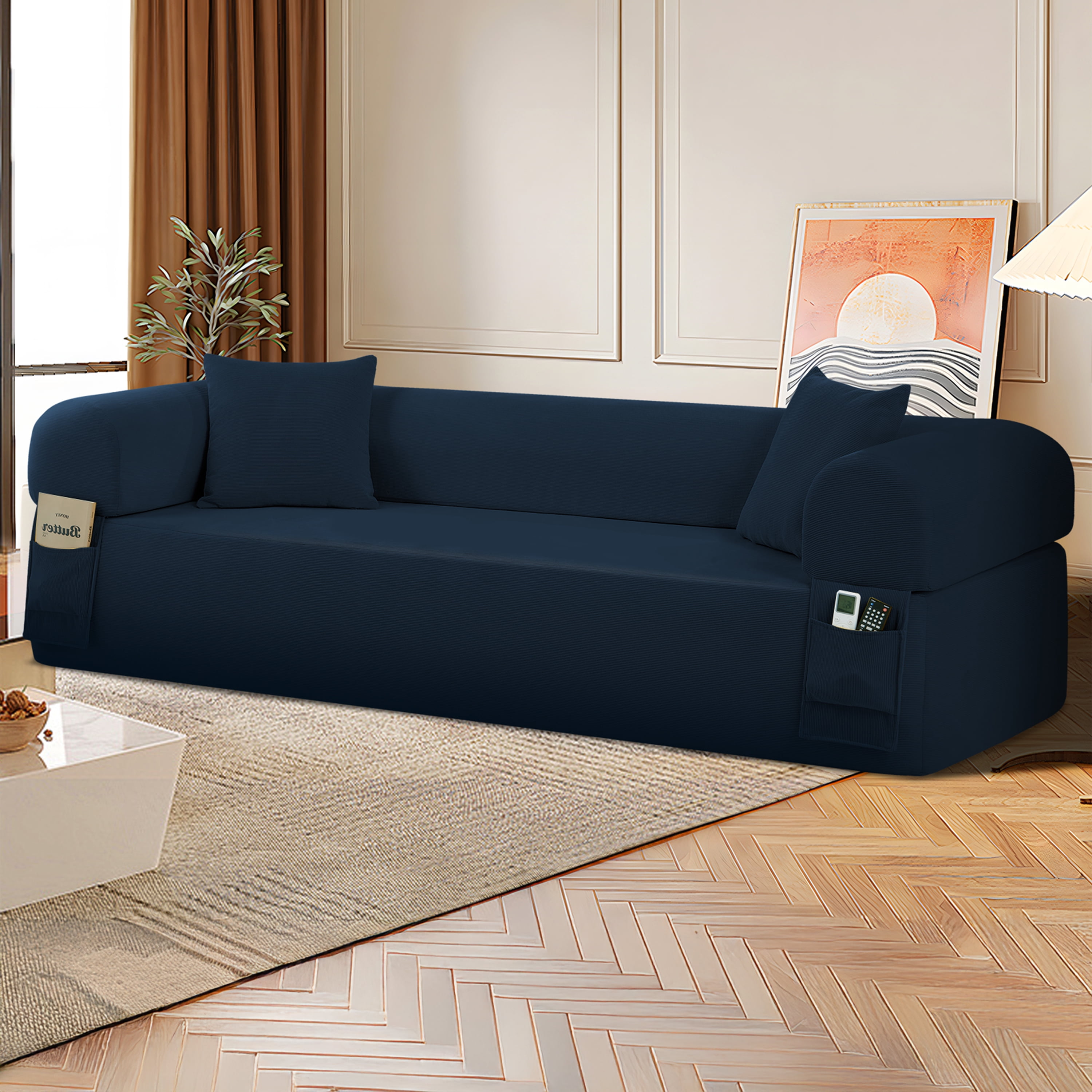 AC PACIFIC 3-Seater Low-Profile with Pillows & Storage – Pocketed Springs,Navy Blue